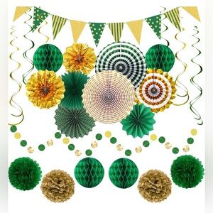 Green & Gold Party Decoration Set Graduation Birthday Banner Fans
